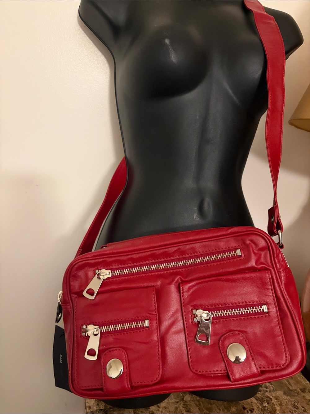 Marc Jacob’s Red Crossbody Messenger Bag with Multiple Zip Pockets
